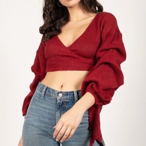 Fashion Nova Deep Red Puff Sleeve Sweater Wrap Cropped Top